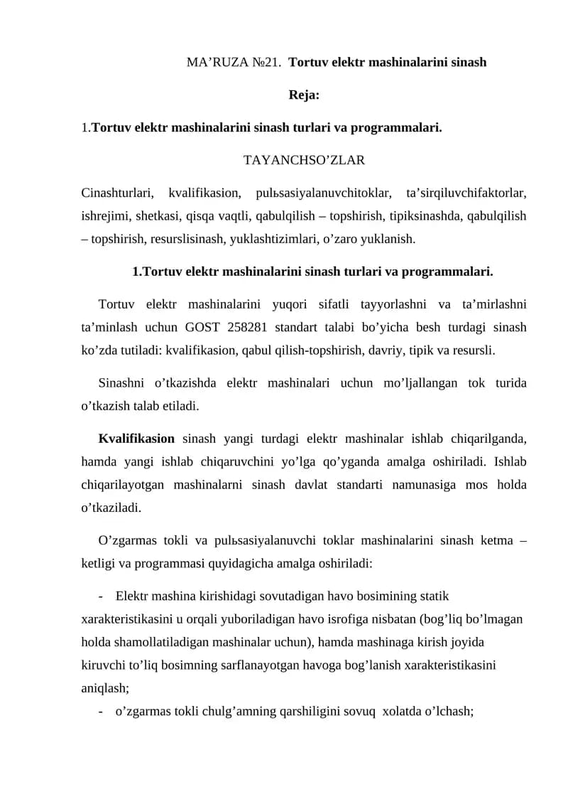 Tоrtuv elеktr mаshinаlаrini sinаsh