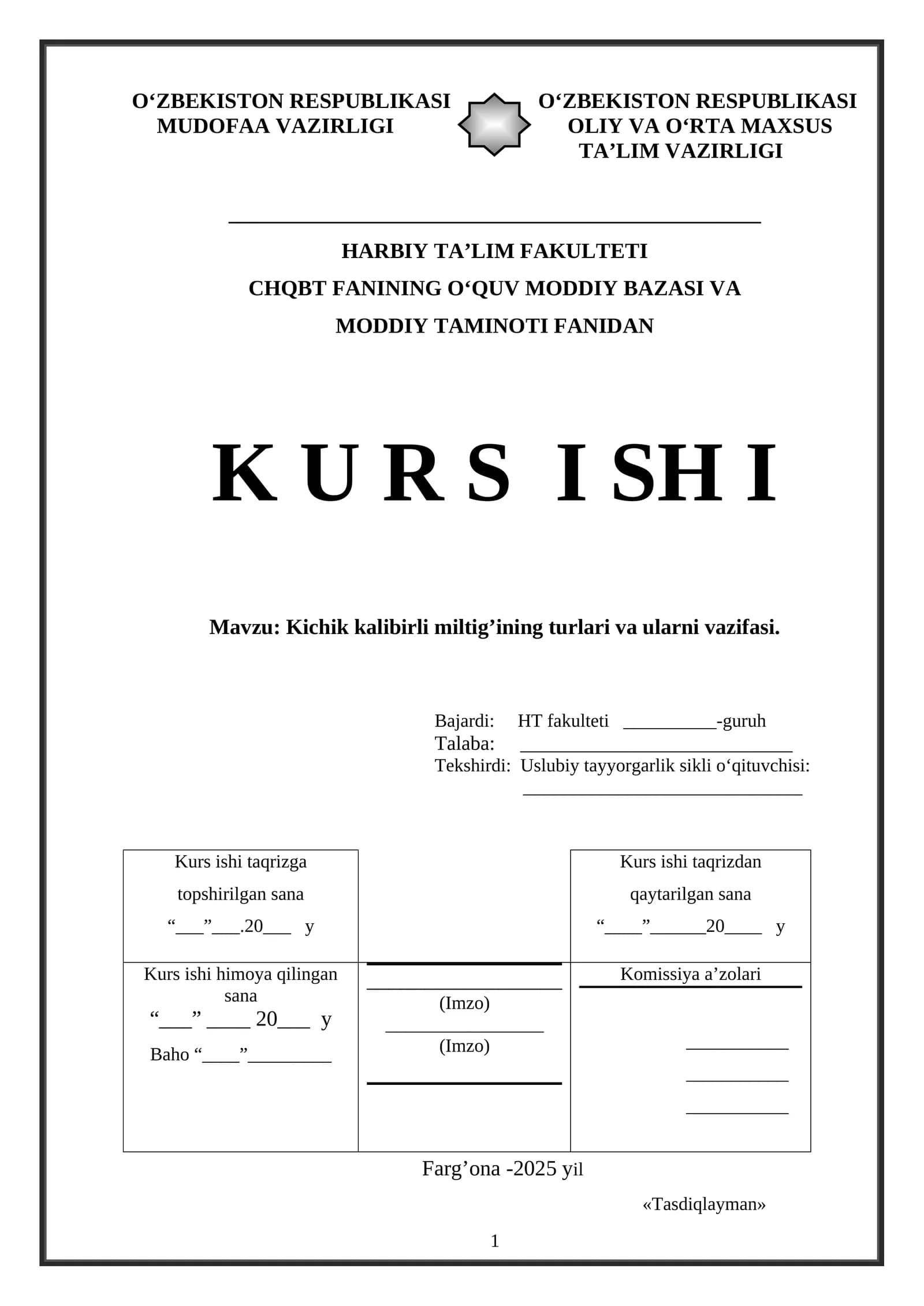 Kichik kalibirli miltig’ining turlari va ularni vazifasi.