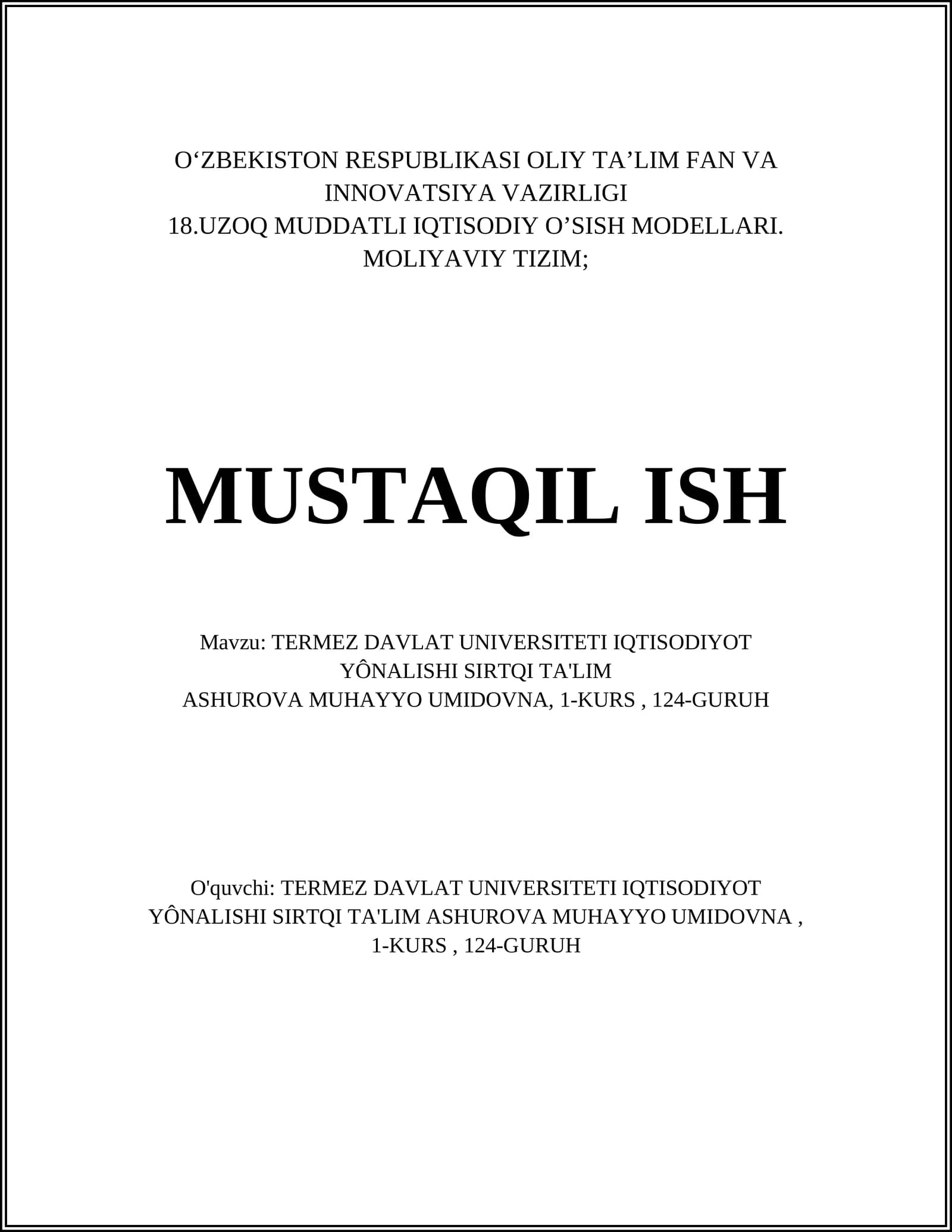TERMEZ DAVLAT UNIVERSITETI IQTISODIYOT YÔNALISHI SIRTQI TA'LIM