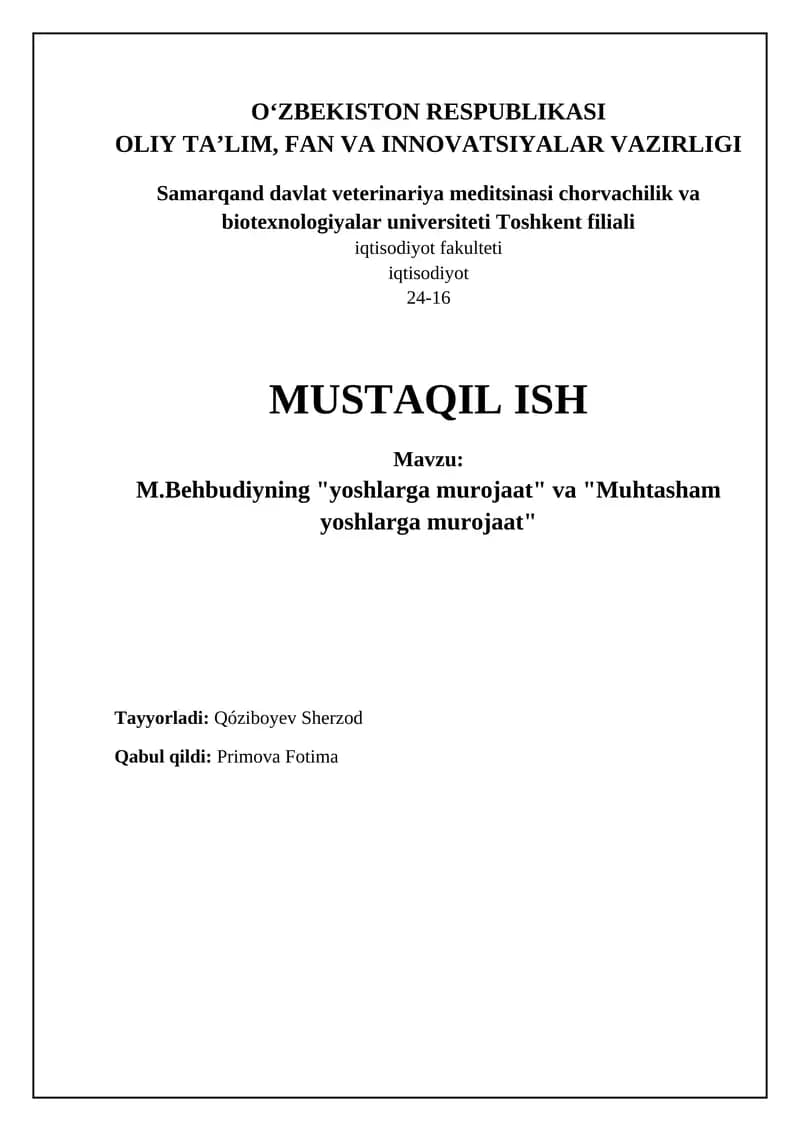 M.Behbudiyning "yoshlarga murojaat" va "Muhtasham yoshlarga murojaat"