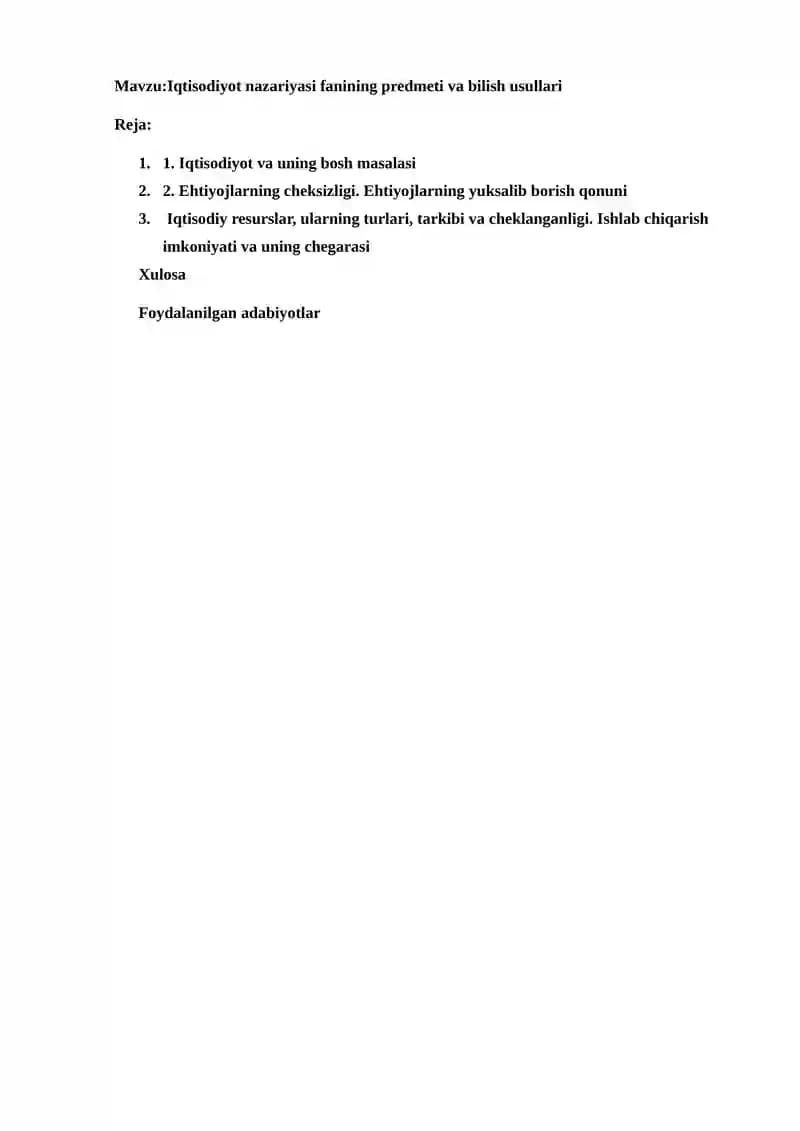Iqtisodiyot nazariyasi fanining predmeti va bilish usullari