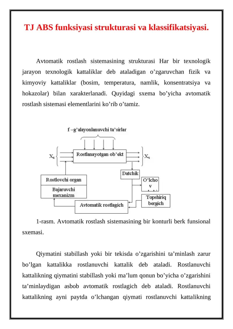 Avtomatik rostlash sistemasining strukturasi va klassifikatsiyasi