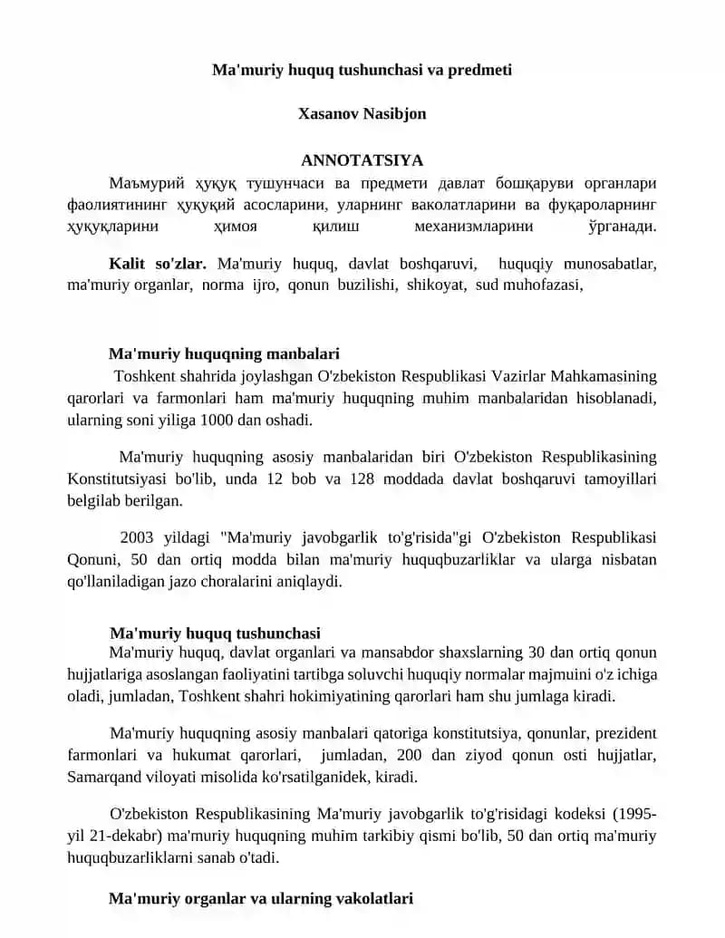 Ma'muriy huquq tushunchasi va predmeti