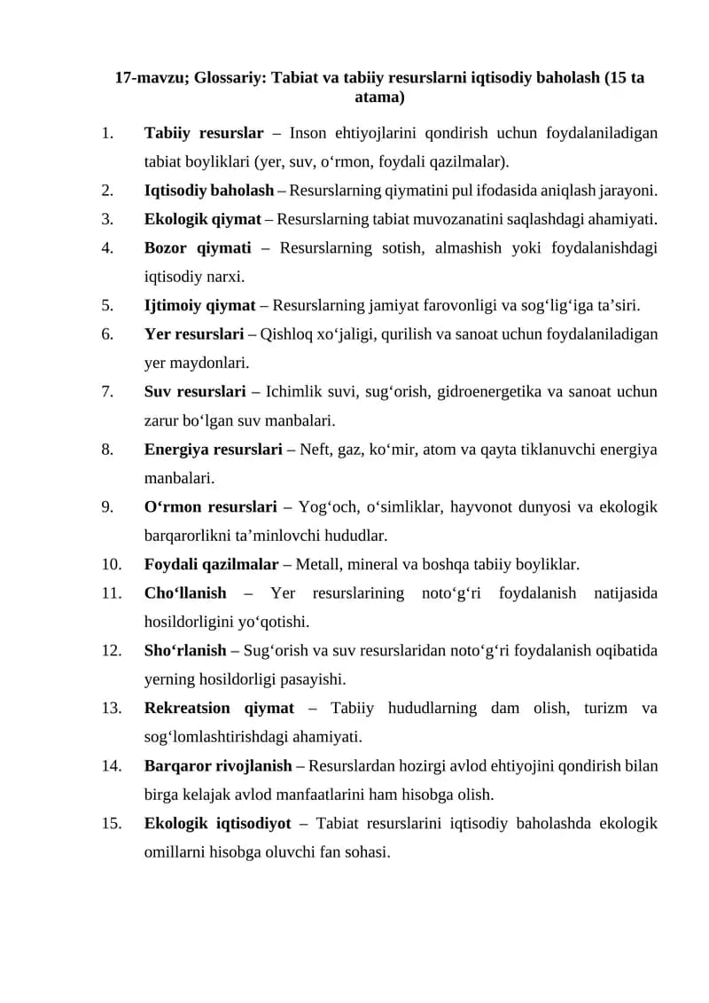 Glossariy: Tabiat va tabiiy resurslarni iqtisodiy baholash