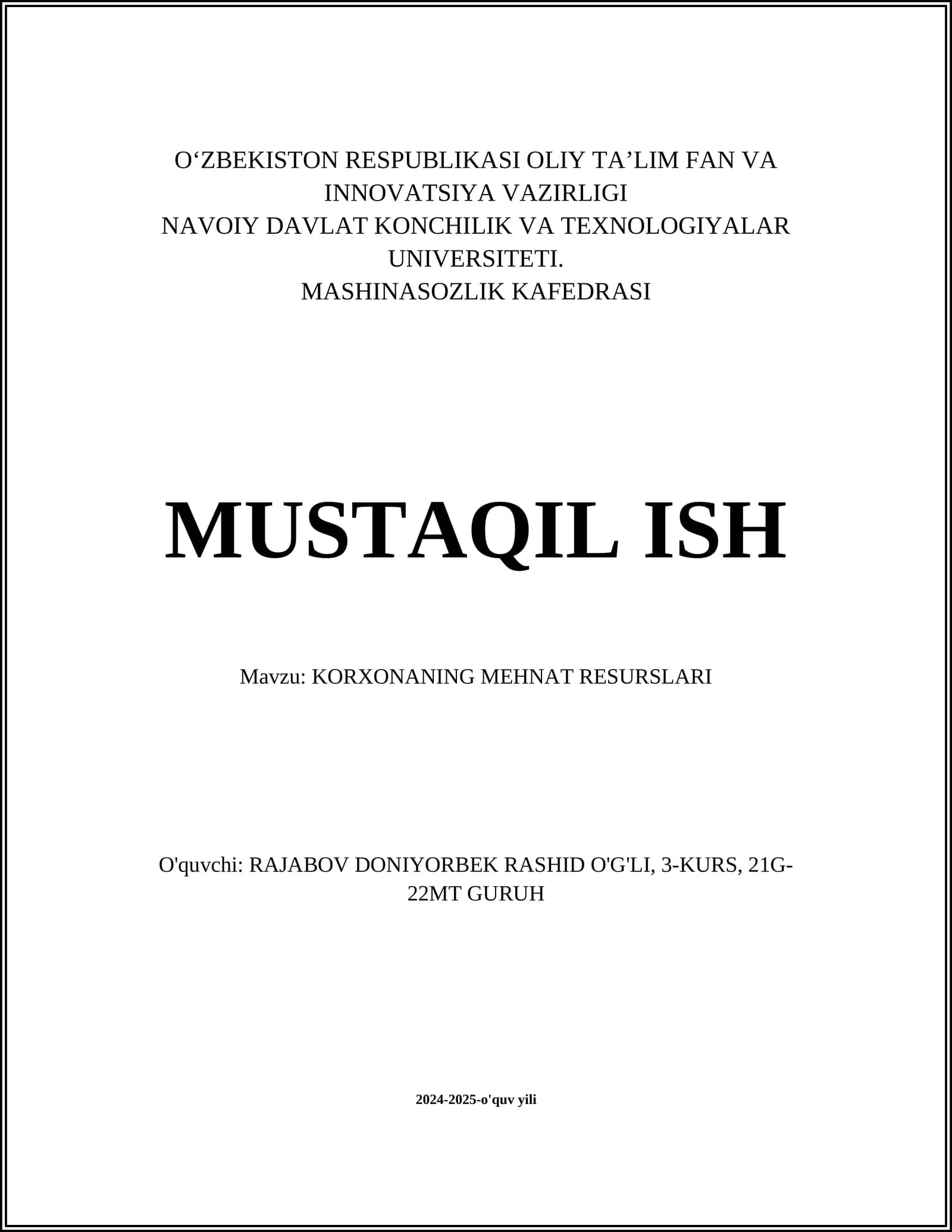 KORXONANING MEHNAT RESURSLARI