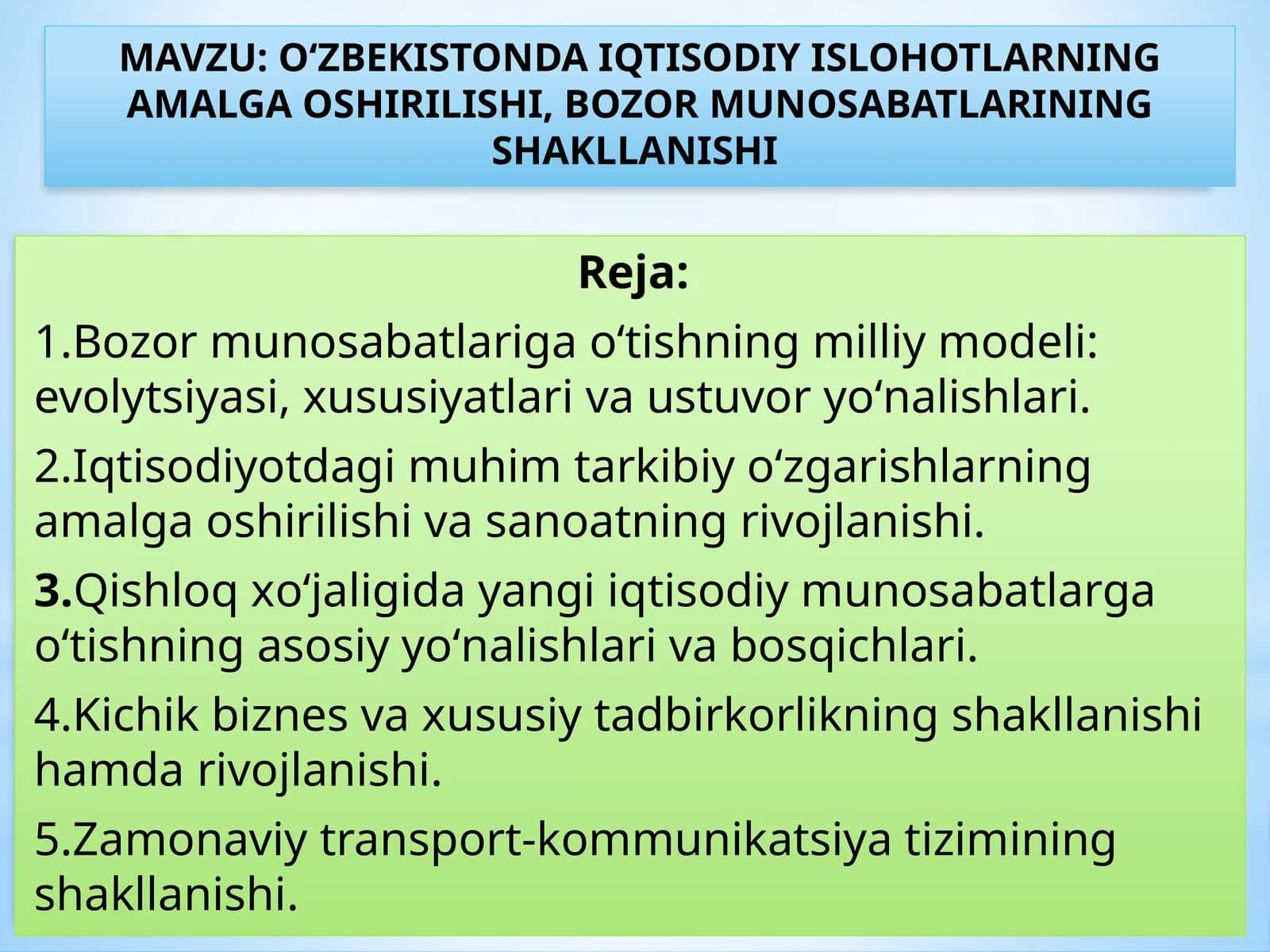 О‘ZBEKISTONDA IQTISODIY ISLOHOTLARNING AMALGA OSHIRILISHI, BOZOR MUNOSABATLARINING SHAKLLANISHI