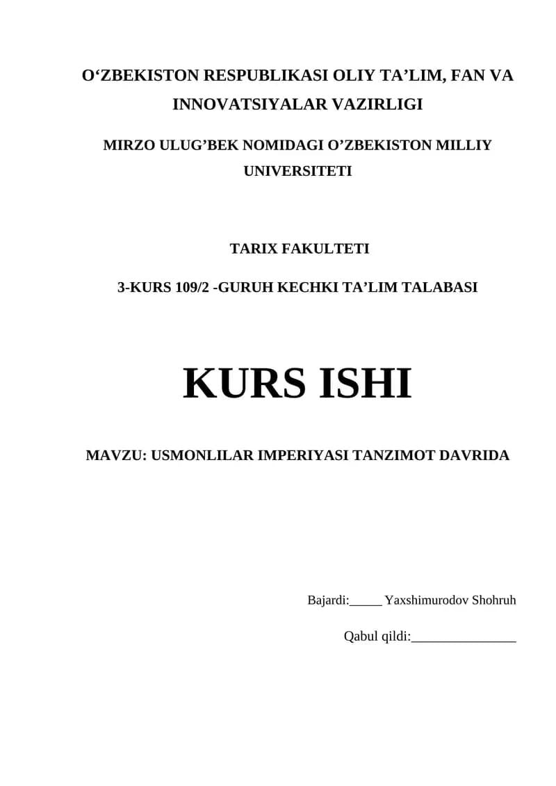 USMONLILAR IMPERIYASI TANZIMOT DAVRIDA
