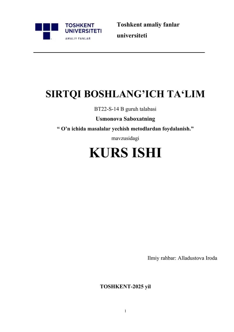 O’n ichida masalalar yechish metodlardan foydalanish