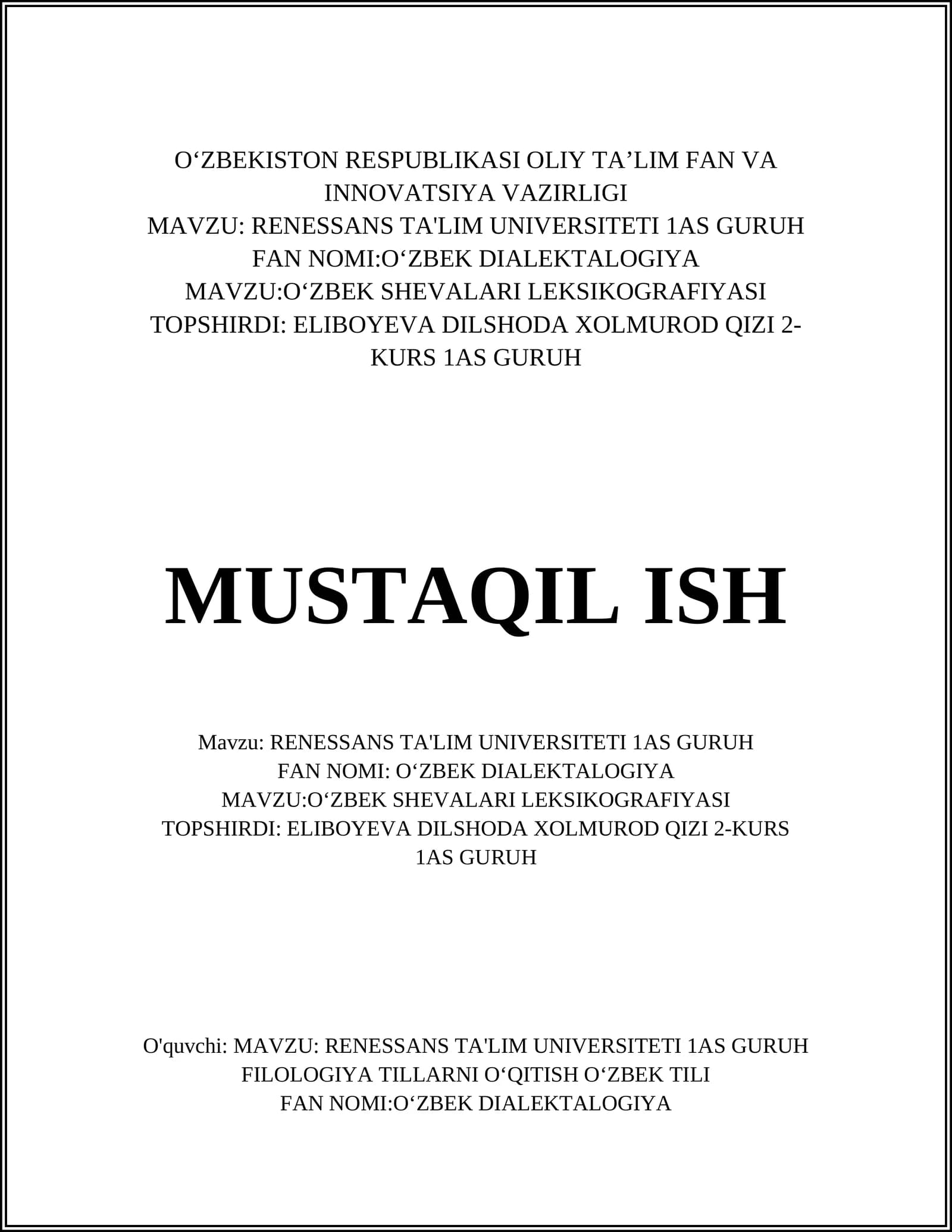 OʻZBEK SHEVALARI LEKSIKOGRAFIYASI
