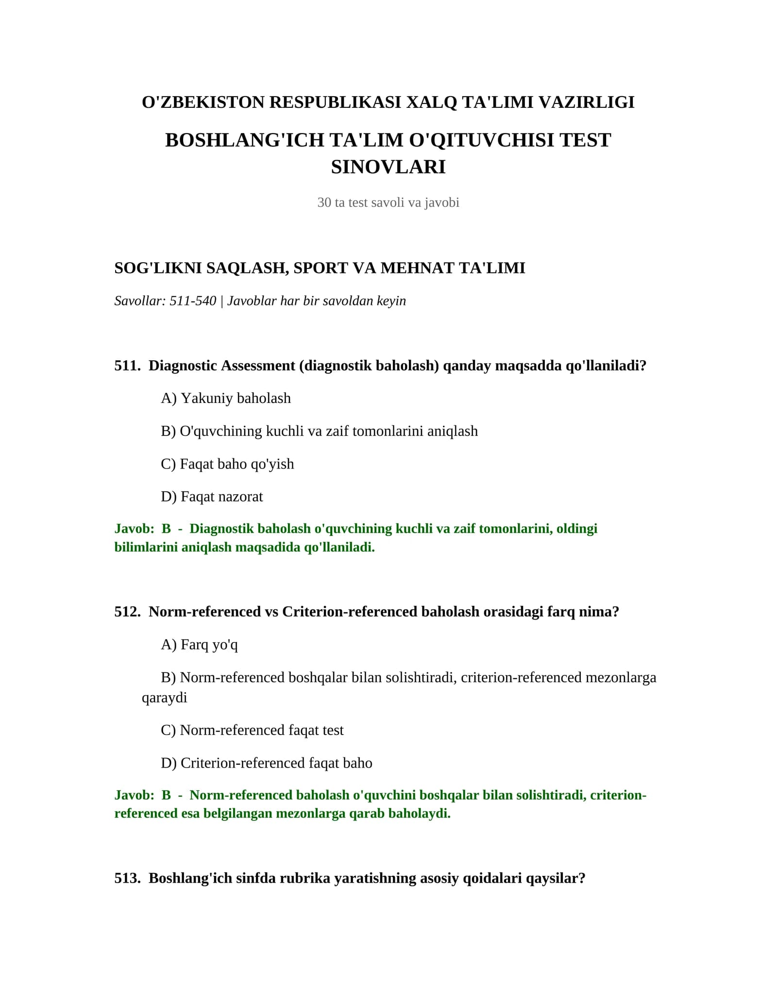 BOSHLANG'ICH TA'LIM O'QITUVCHISI TEST SINOVLARI