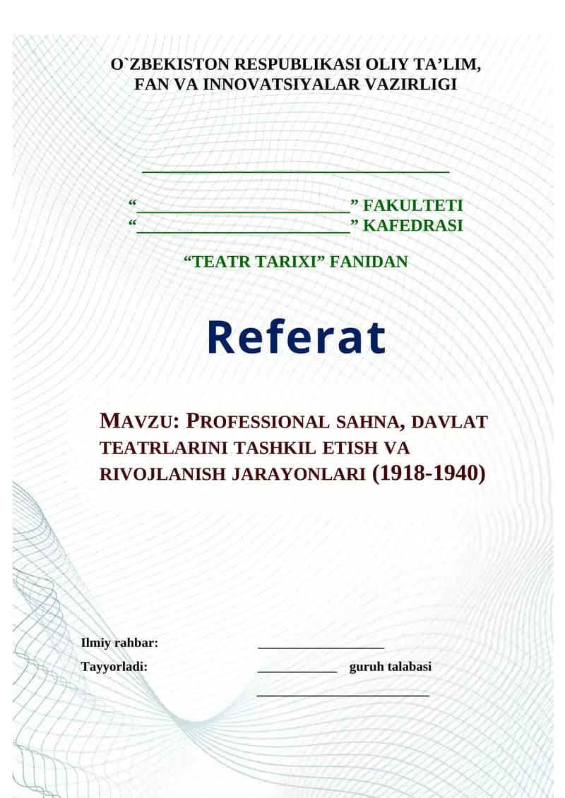 PROFESSIONAL SAHNA, DAVLAT TEATRLARINI TASHKIL ETISH VA RIVOJLANISH JARAYONLARI (1918-1940)