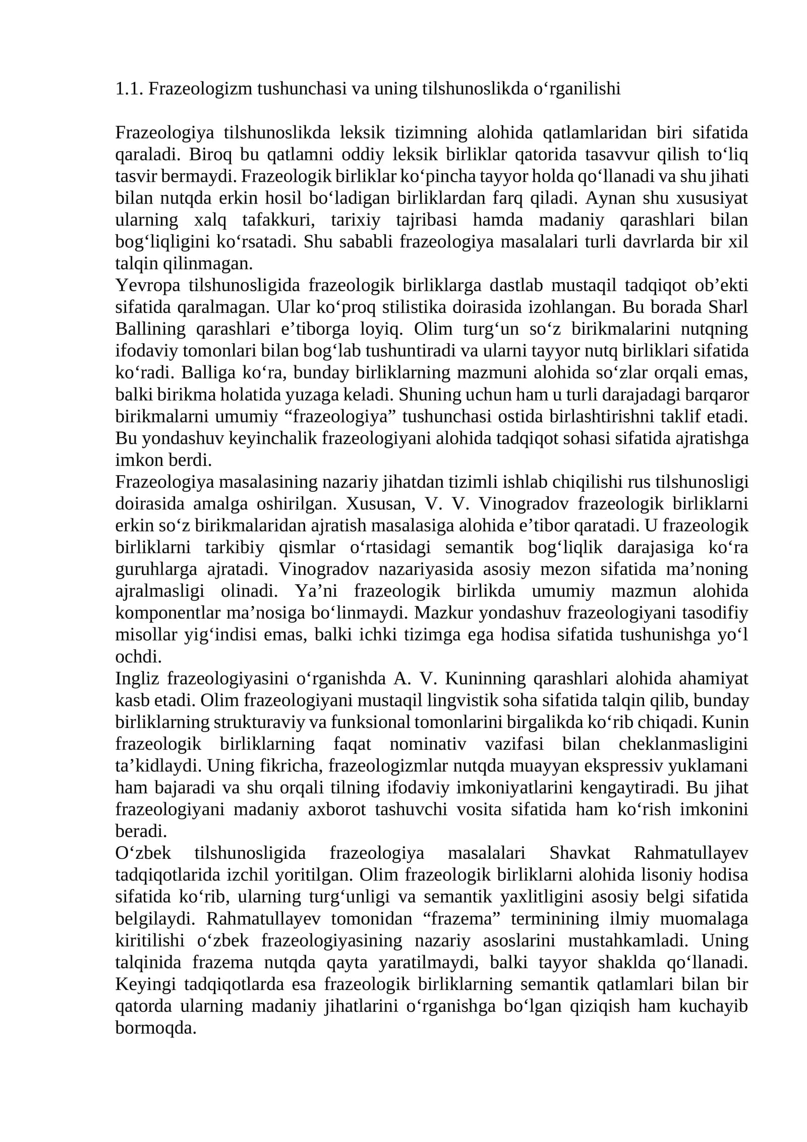 Frazeologizm tushunchasi va uning tilshunoslikda o‘rganilishi