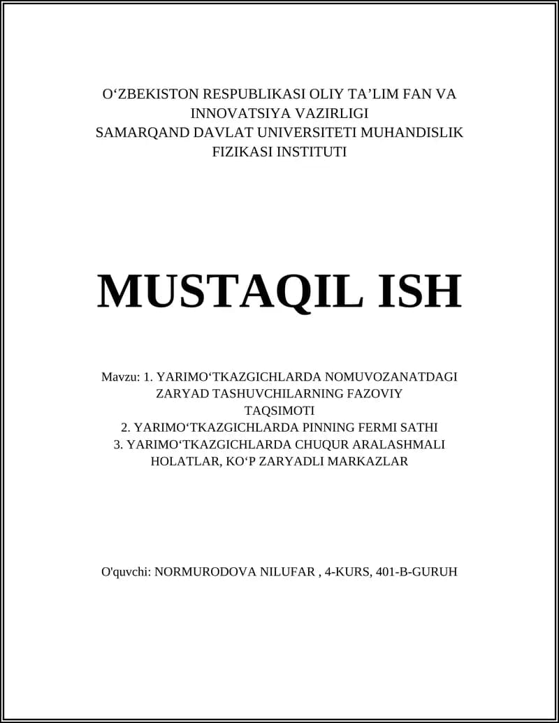 YARIMOʻTKAZGICHLARDA NOMUVOZANATDAGI ZARYAD TASHUVCHILARNING FAZOVIY TAQSIMOTI