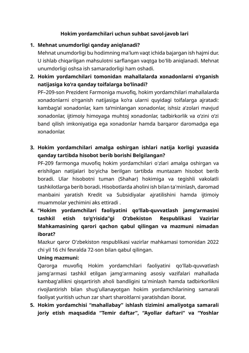 Hokim yordamchisining asosiy vazifalari Hokim yordamchilari uchun suhbat savol-javob lari