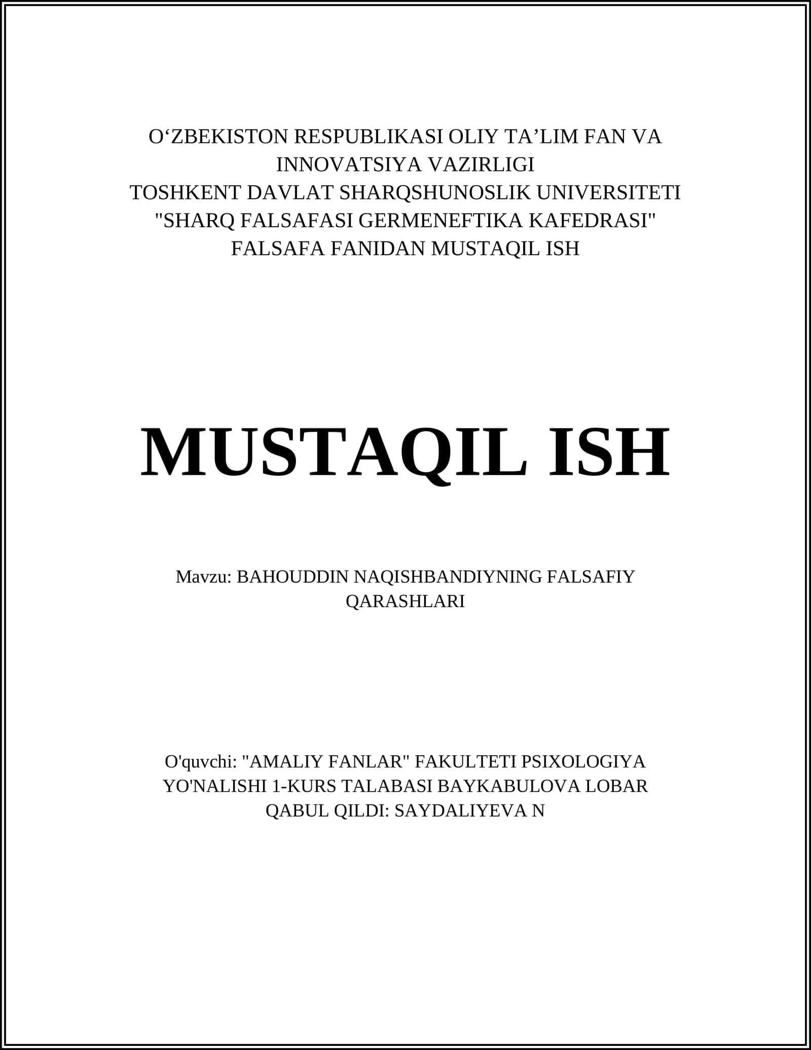 BAHOUDDIN NAQISHBANDIYNING FALSAFIY QARASHLARI