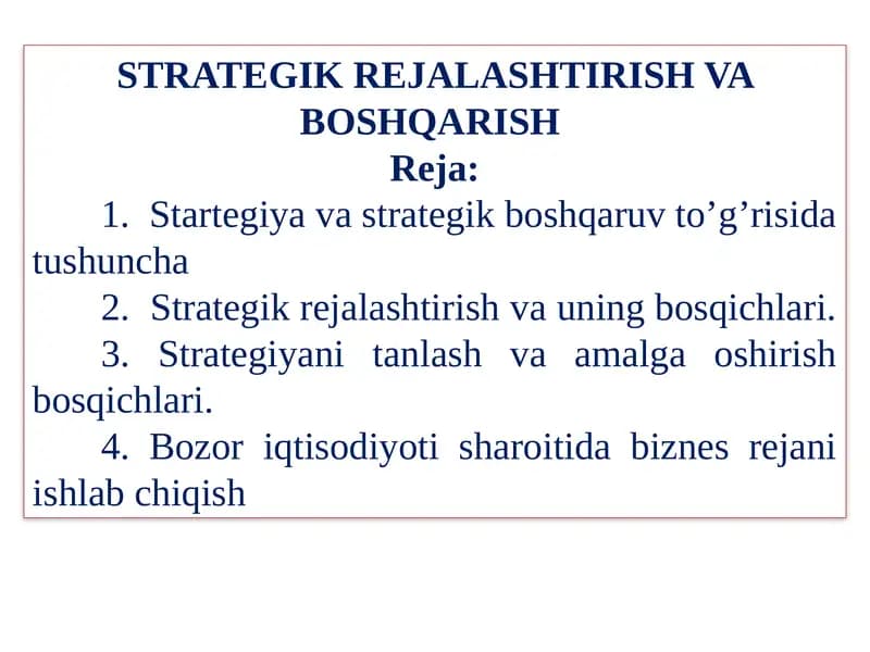 STRATEGIK REJALASHTIRISH VA BOSHQARISH