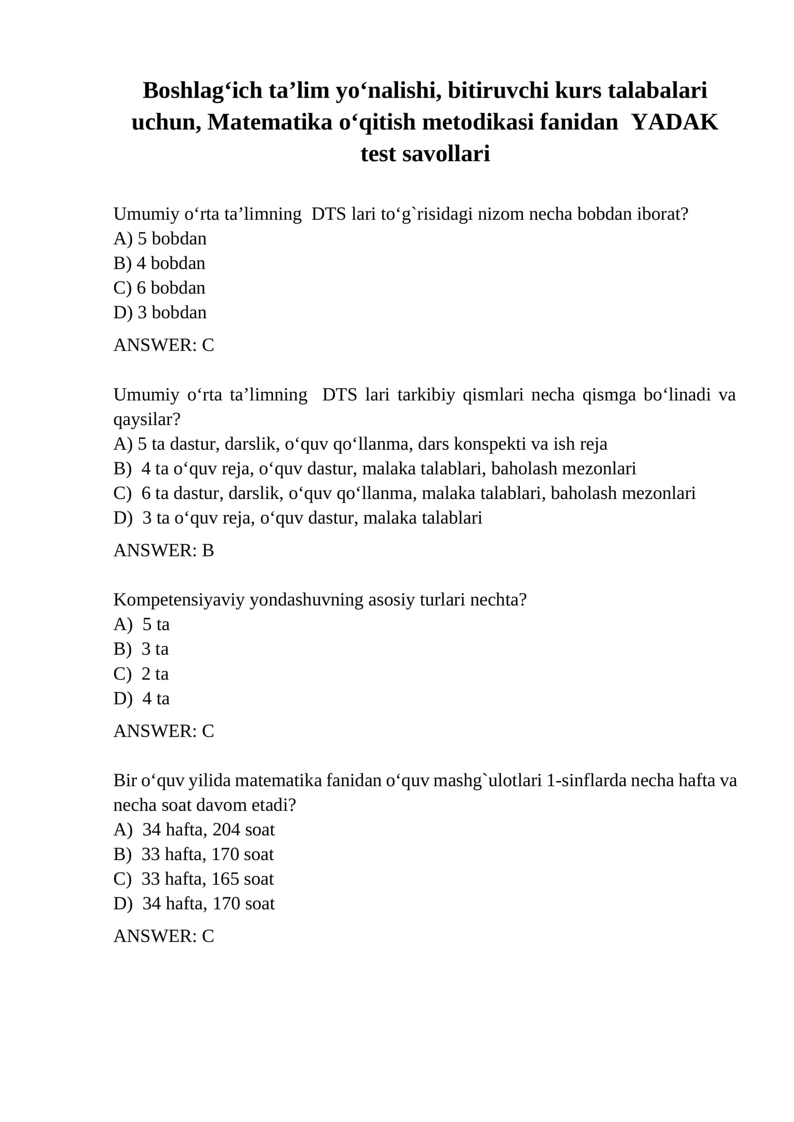 Matematika o‘qitish metodikasi fanidan  YADAK test savollari
