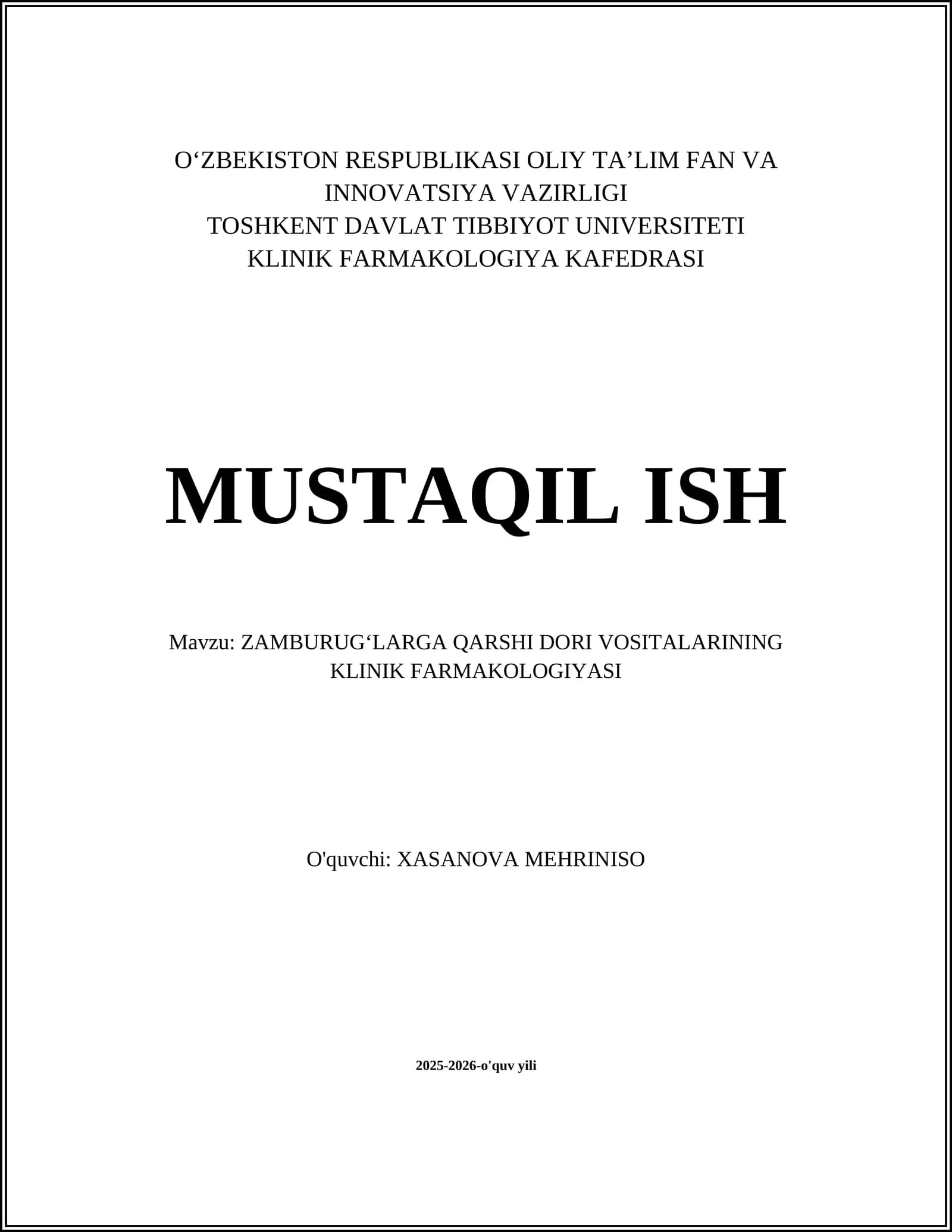 ZAMBURUGʻLARGA QARSHI DORI VOSITALARINING KLINIK FARMAKOLOGIYASI