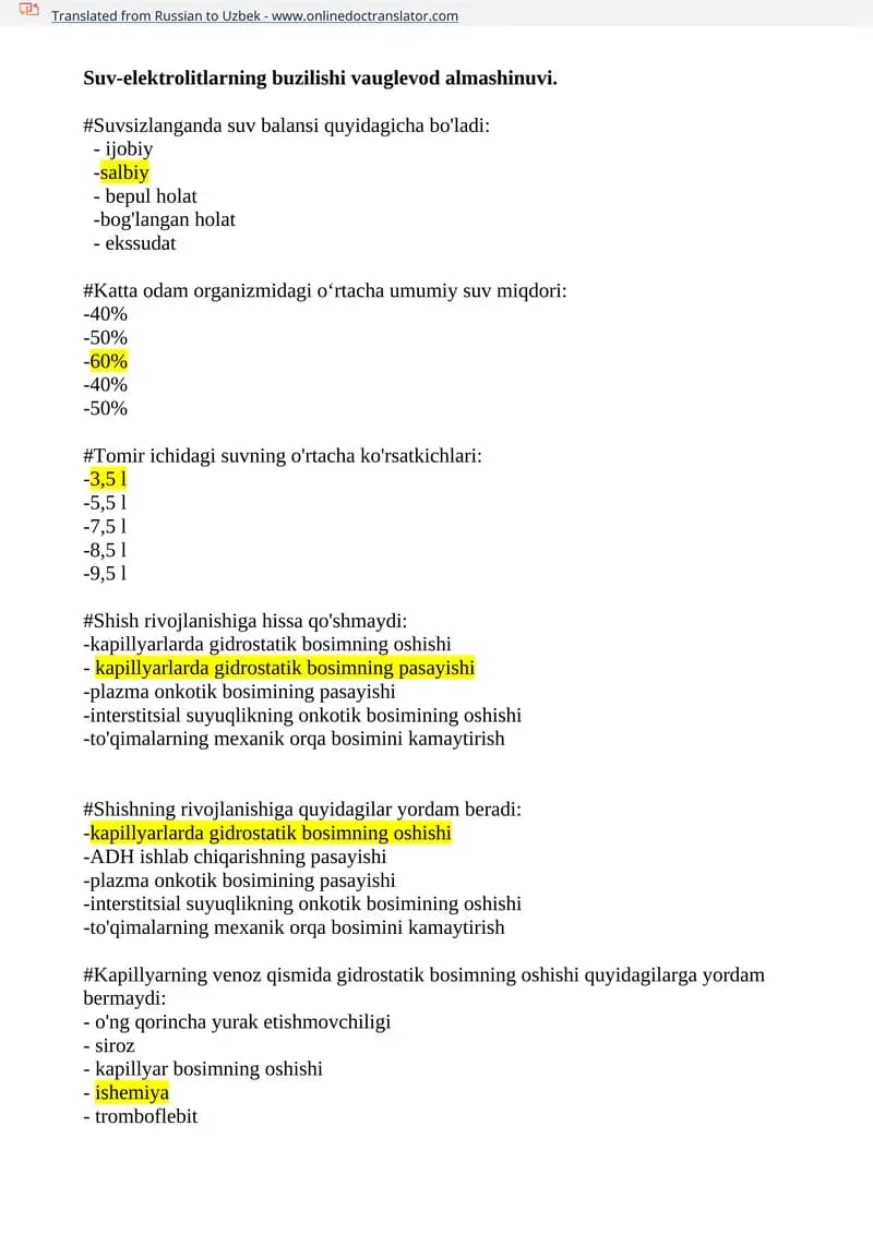 Suv-elektrolitlarning buzilishi vauglevod almashinuvi test