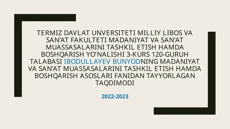 Taqdimotlar: O’zbekiston Respublikasi Madaniyat vazirligi markaziy apparati tuzilmasi hamda tashkiliy-huquqiy shakllari