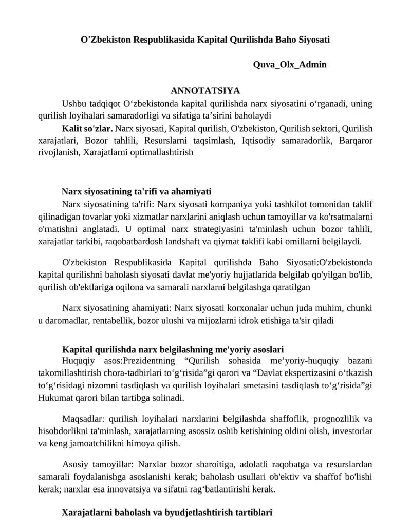 O'Zbekiston Respublikasida Kapital Qurilishda Baho Siyosati