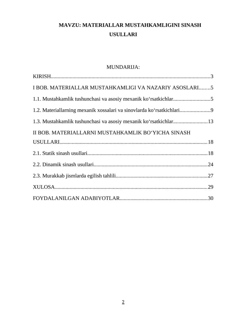 MATERIALLAR MUSTAHKAMLIGINI SINASH USULLARI