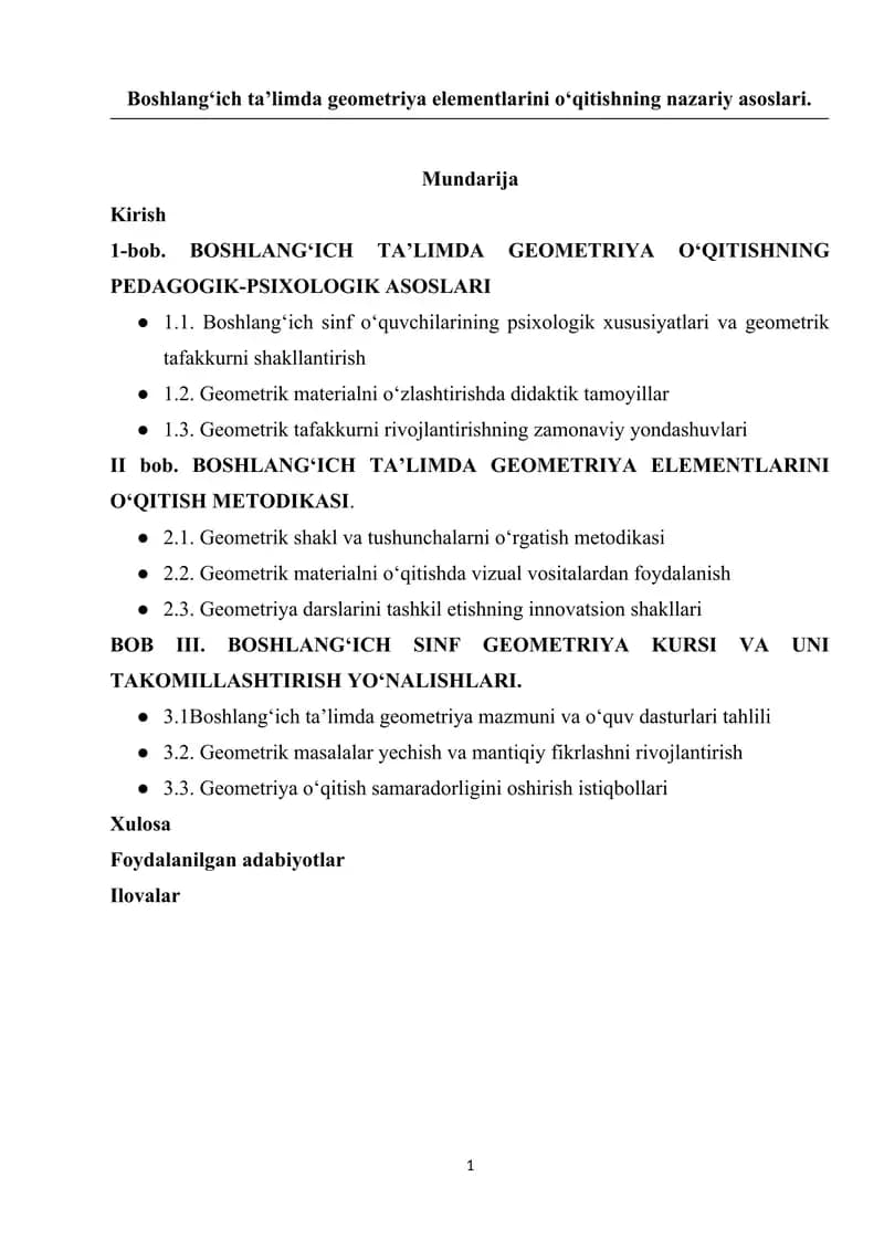 Boshlangʻich taʼlimda geometriya elementlarini oʻqitish