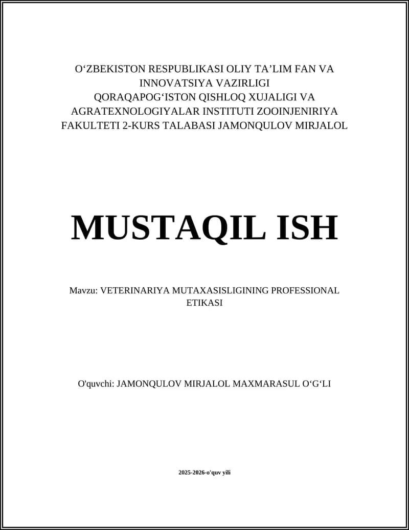 VETERINARIYA MUTAXASISLIGINING PROFESSIONAL ETIKASI