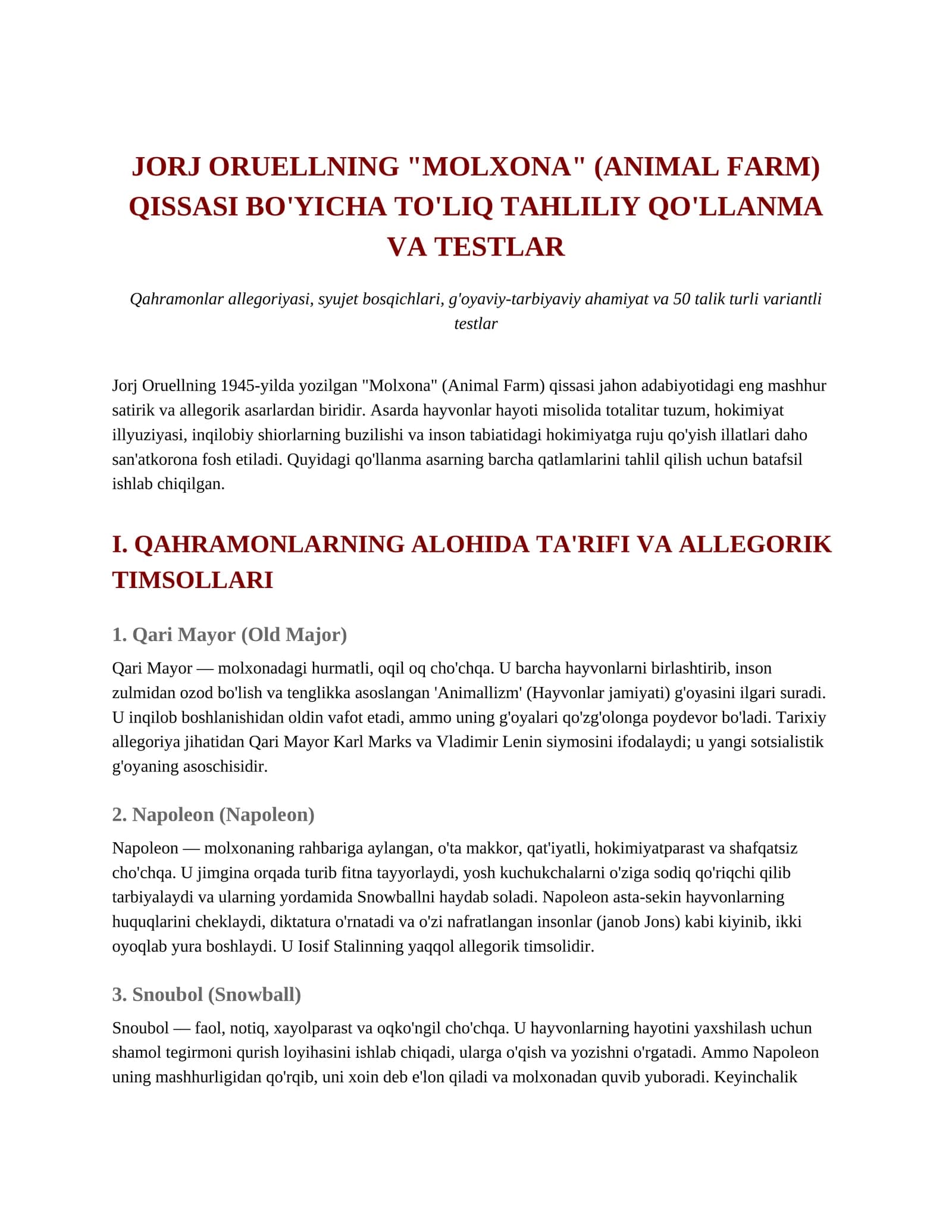 "Molxona" (Animal Farm) Qissasi Tahliliy Qo'llanma va Testlar