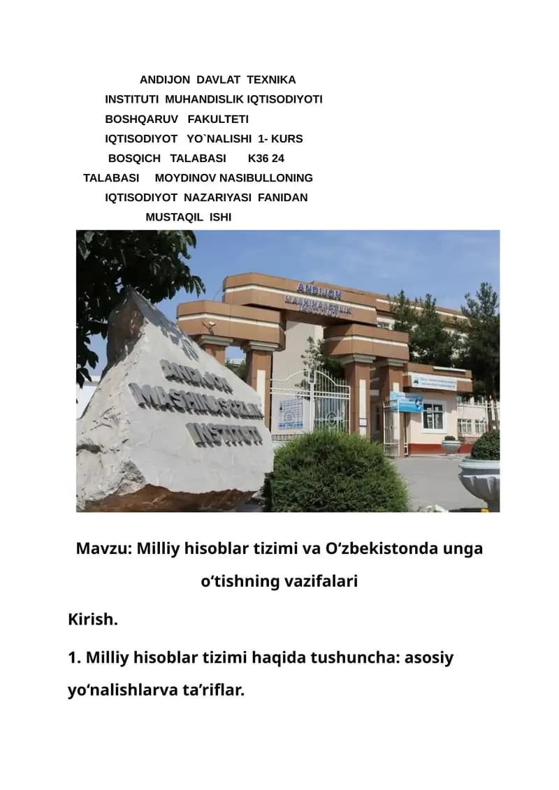 Milliy hisoblar tizimi va O‘zbekistonda unga o‘tishning vazifalari