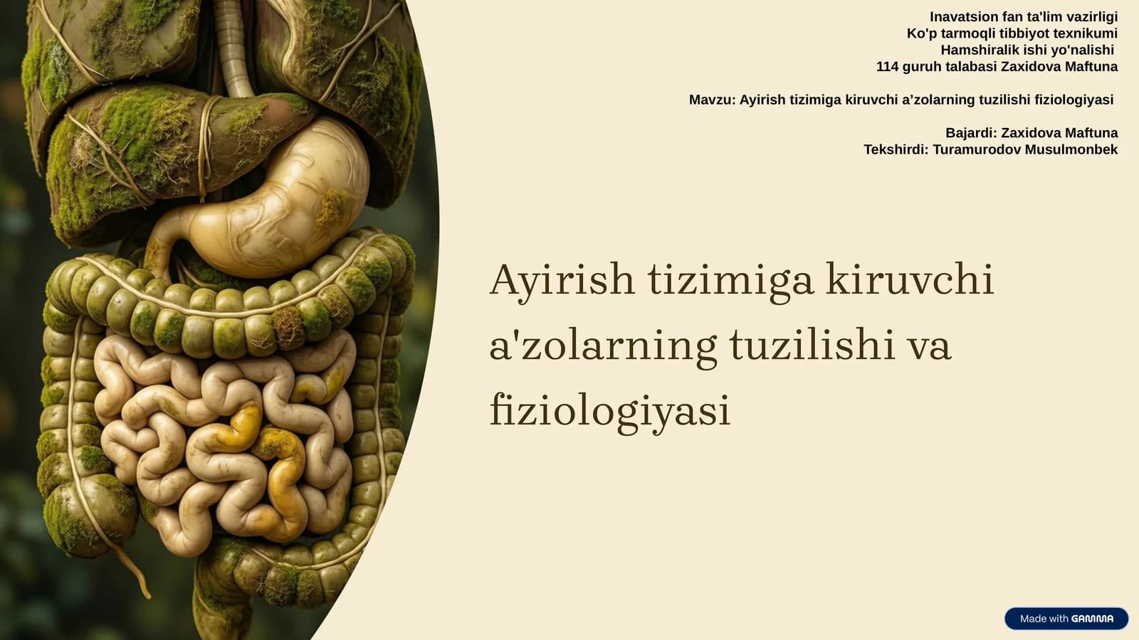 Ayirish tizimiga kiruvchi a'zolarning tuzilishi va fiziologiyasi