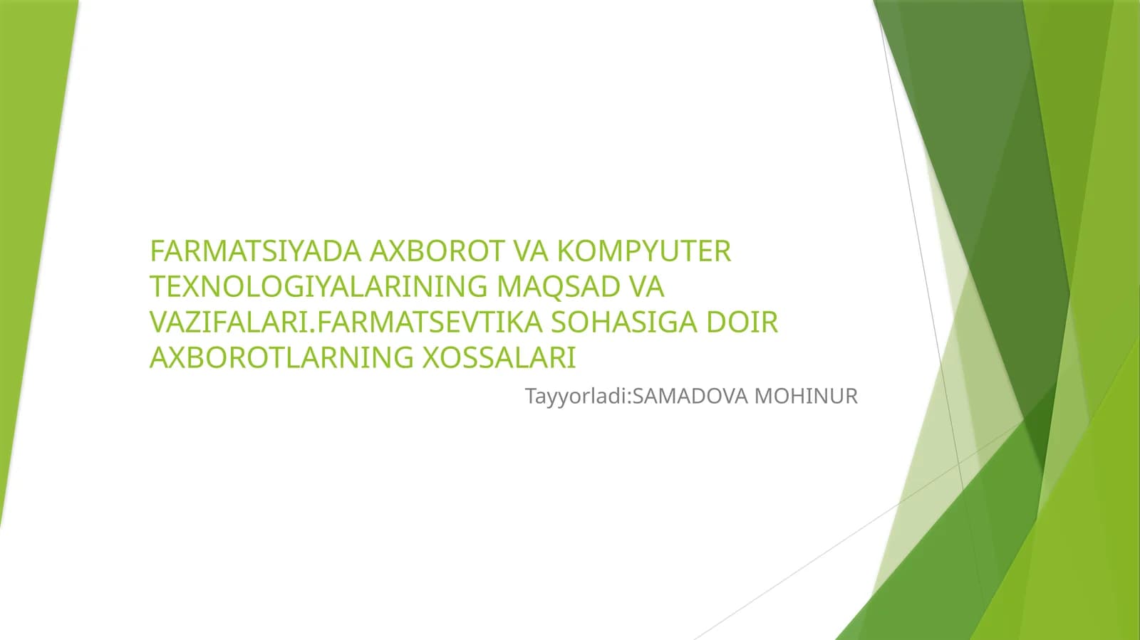 FARMATSIYADA AXBOROT VA KOMPYUTER TEXNOLOGIYALARINING MAQSAD VA VAZIFALARI.FARMATSEVTIKA SOHASIGA DOIR AXBOROTLARNING XOSSALARI