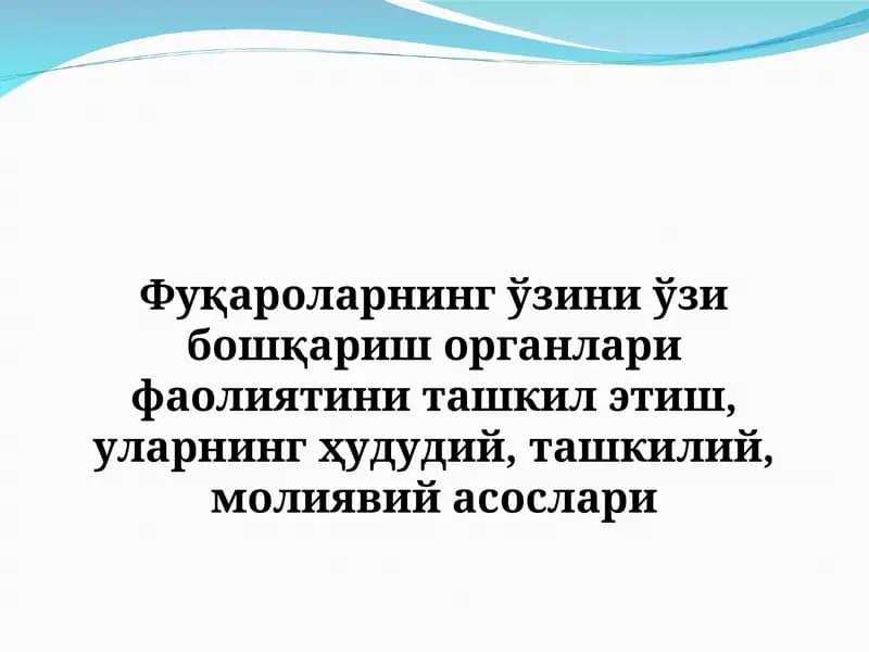 Фуқароларнинг ўзини ўзи бошқариш органлари фаолиятини ташкил этиш, уларнинг ҳудудий, ташкилий, молиявий асослари