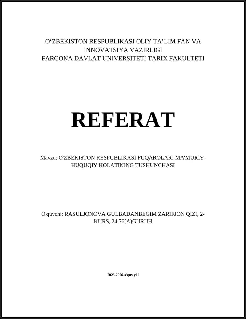 O'ZBEKISTON RESPUBLIKASI FUQAROLARI MA'MURIY-HUQUQIY HOLATINING TUSHUNCHASI