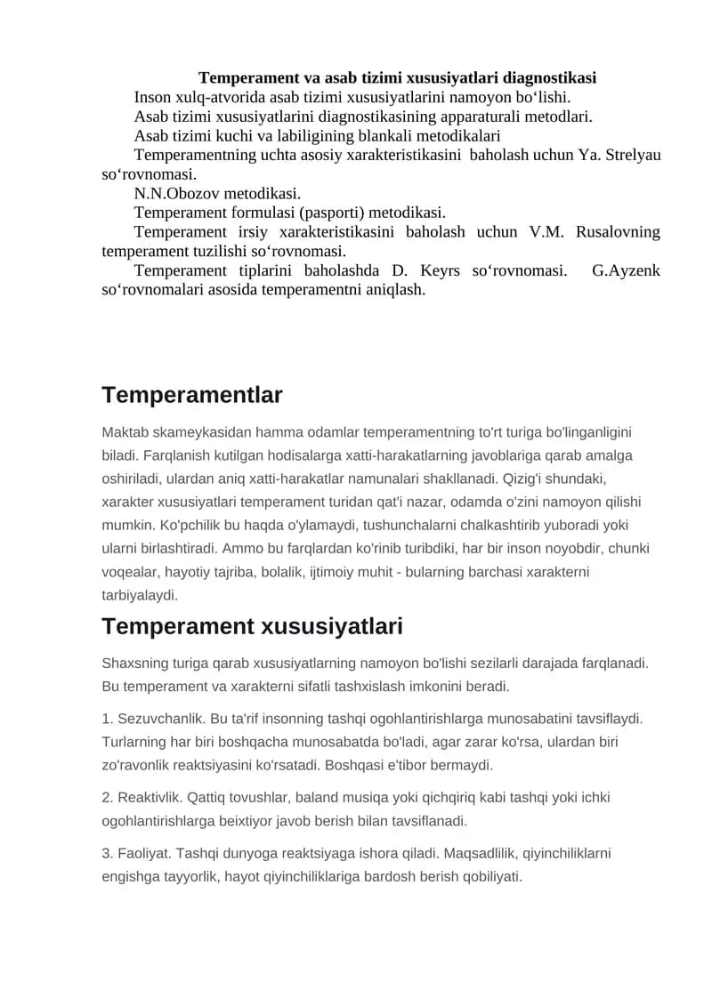 Temperament va asab tizimi xususiyatlari diagnostikasi