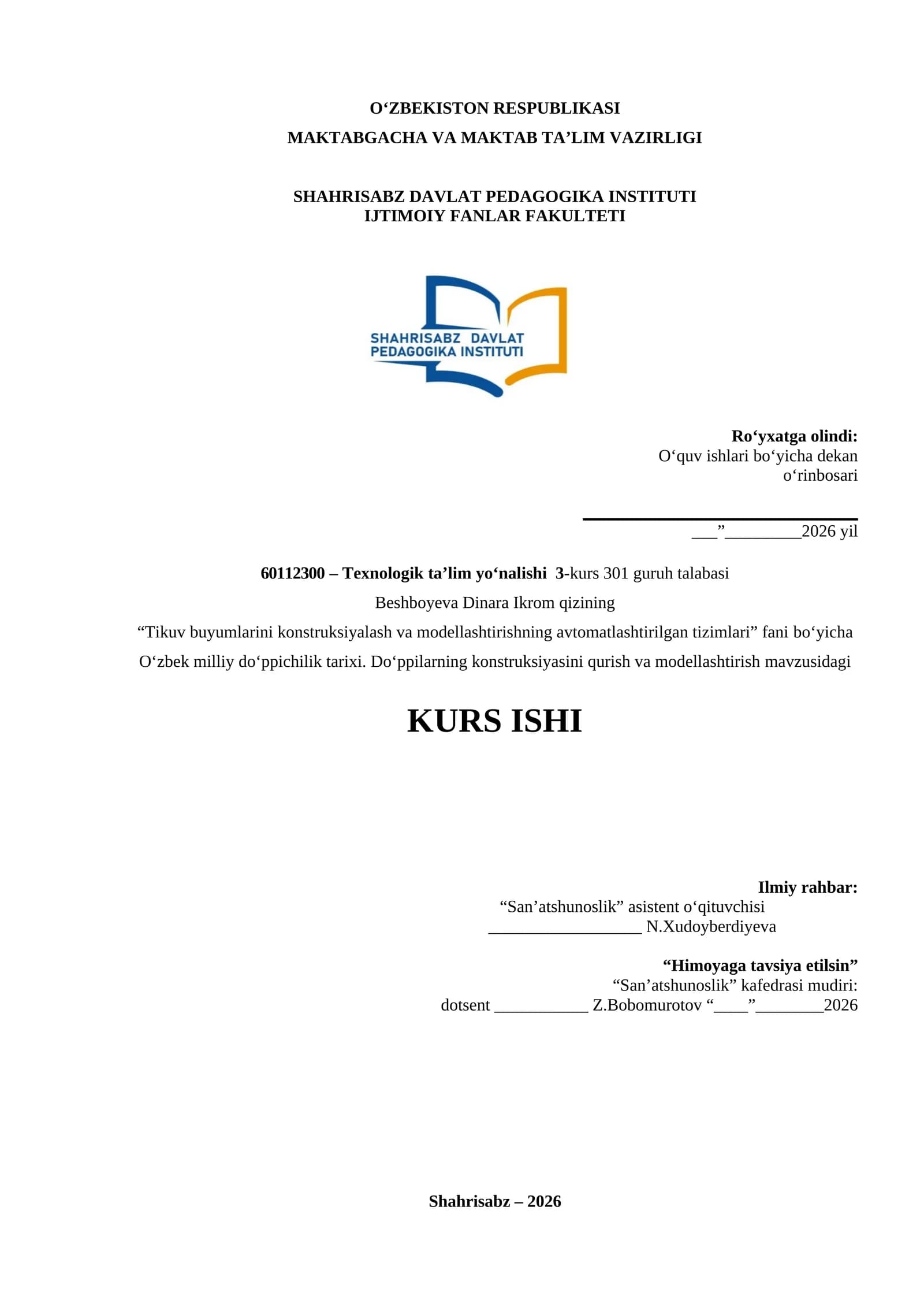 Do‘ppilarning konstruksiyasini qurish va modellashtirish mavzusidagi KURS ISHI