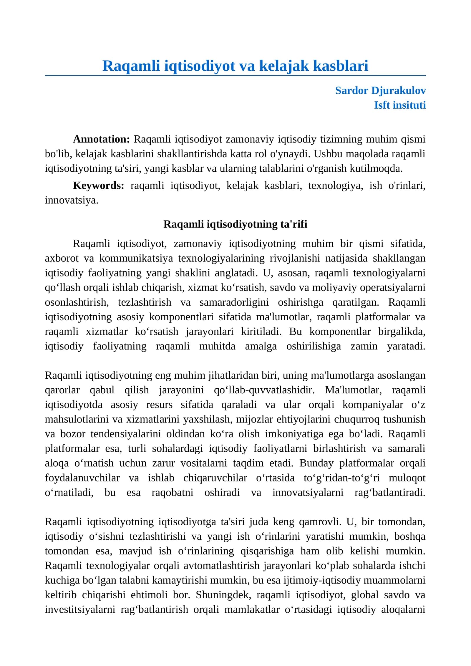 Raqamli iqtisodiyot va kelajak kasblari