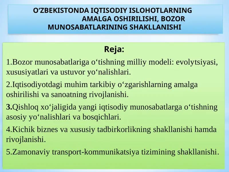 О‘ZBEKISTONDA IQTISODIY ISLOHOTLARNING  AMALGA OSHIRILISHI, BOZOR MUNOSABATLARINING SHAKLLANISHI
