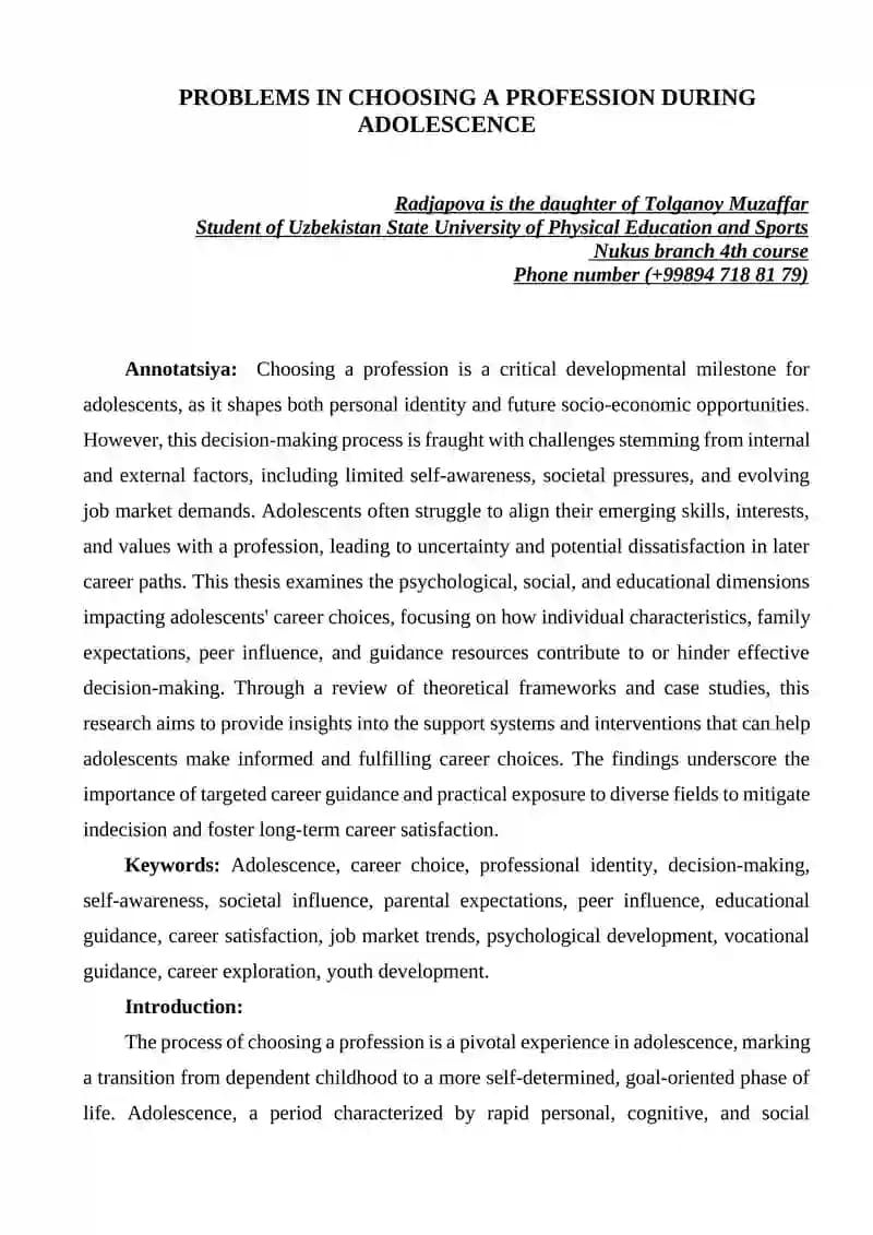 PROBLEMS IN CHOOSING A PROFESSION DURING ADOLESCENCE