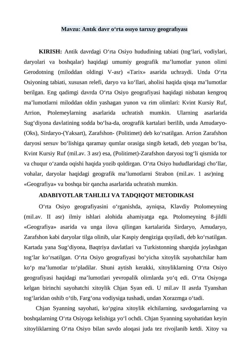 Antık davr o‘rta osıyo tarıxıy geografıyası