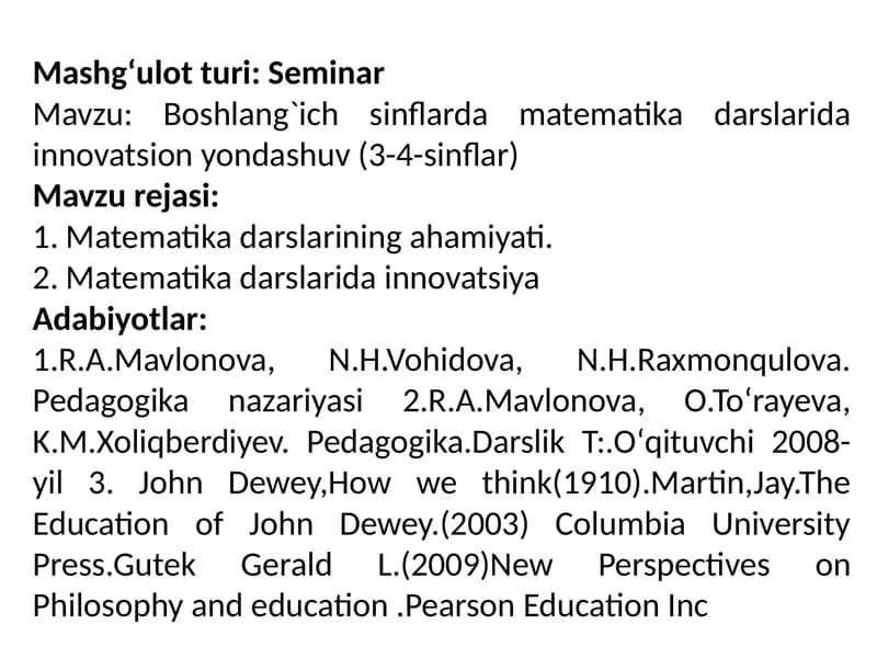 Boshlang`ich sinflar matematika darslari innovatsion yondashuv