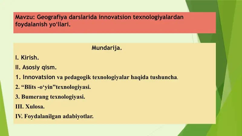 Taqdimot. Geografiya darslarida innovatsion texnologiyalardan foydalanish yoʻllari