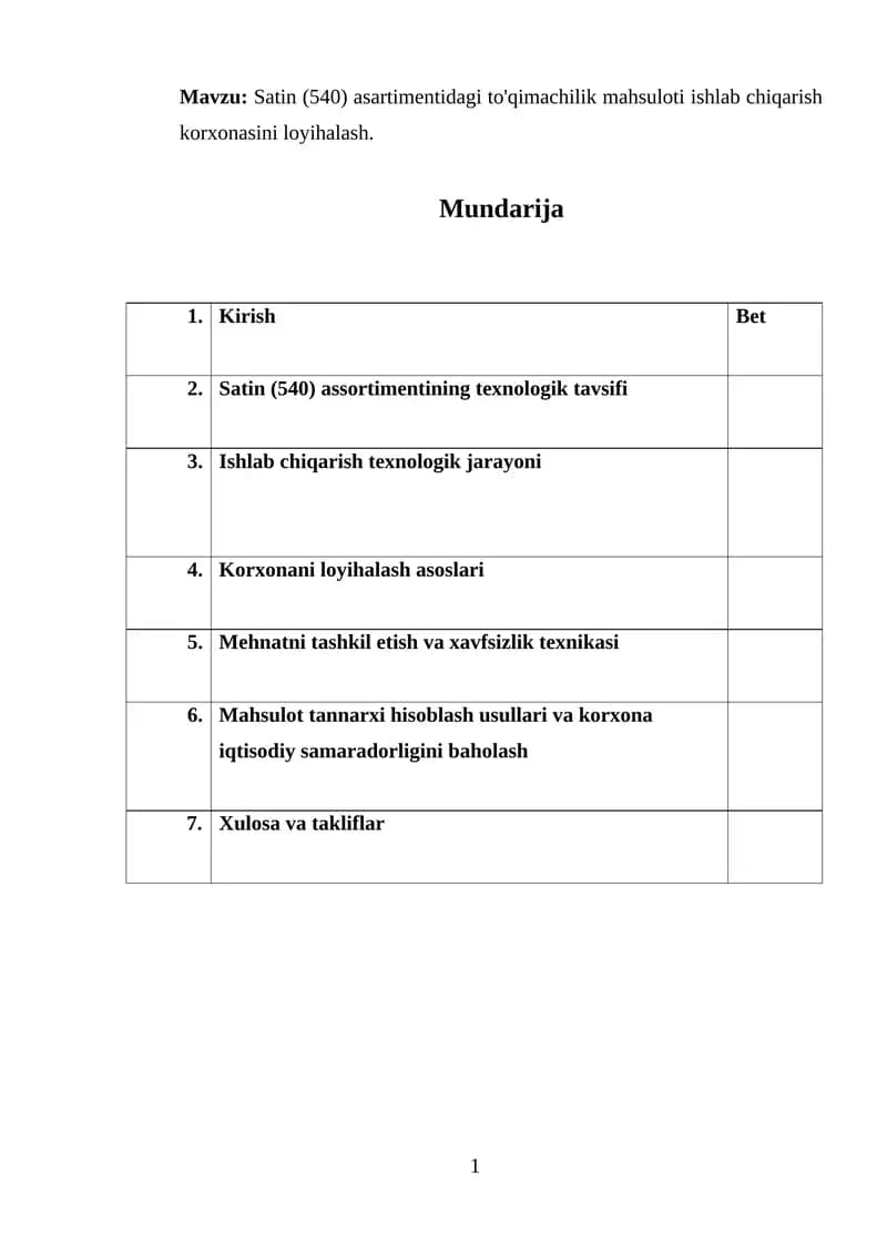 Satin (540) asartimentidagi to'qimachilik mahsuloti ishlab chiqarish korxonasini loyihalash