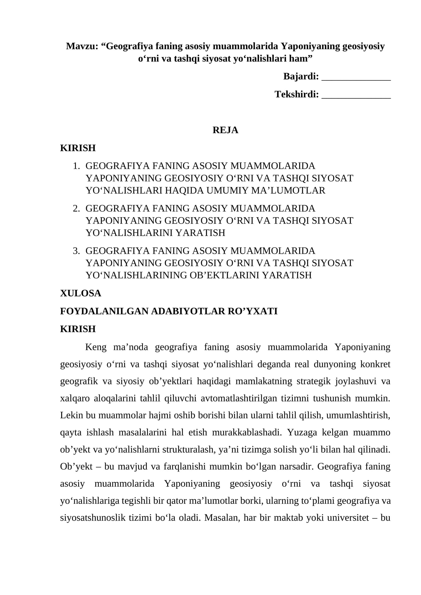 GEOGRAFIYA FANING ASOSIY MUAMMOLARIDA YAPONIYANING GEOSIYOSIY O‘RNI VA TASHQI SIYOSAT YO‘NALISHLARI