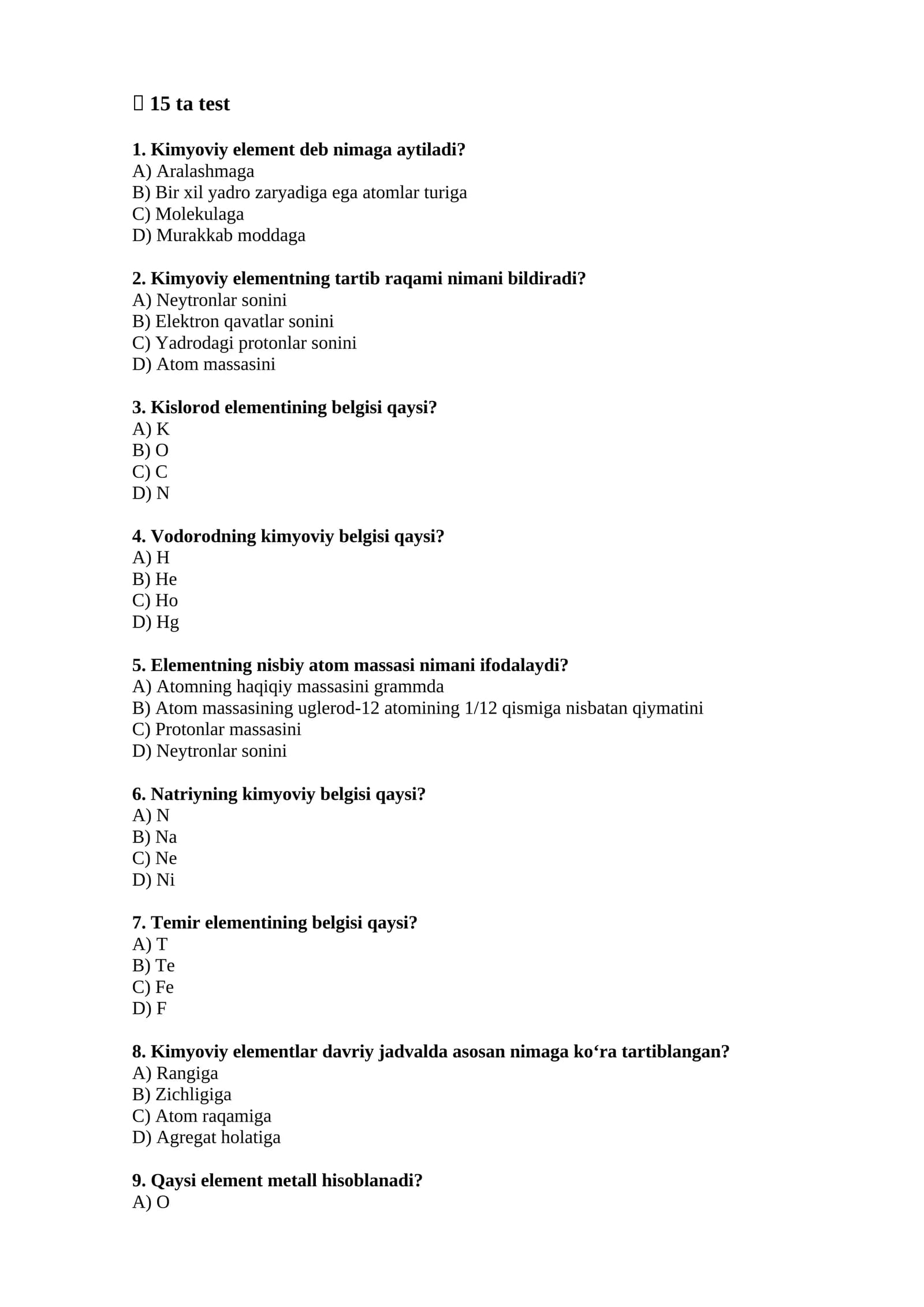 Kimyoviy Elementlar Test Savoli