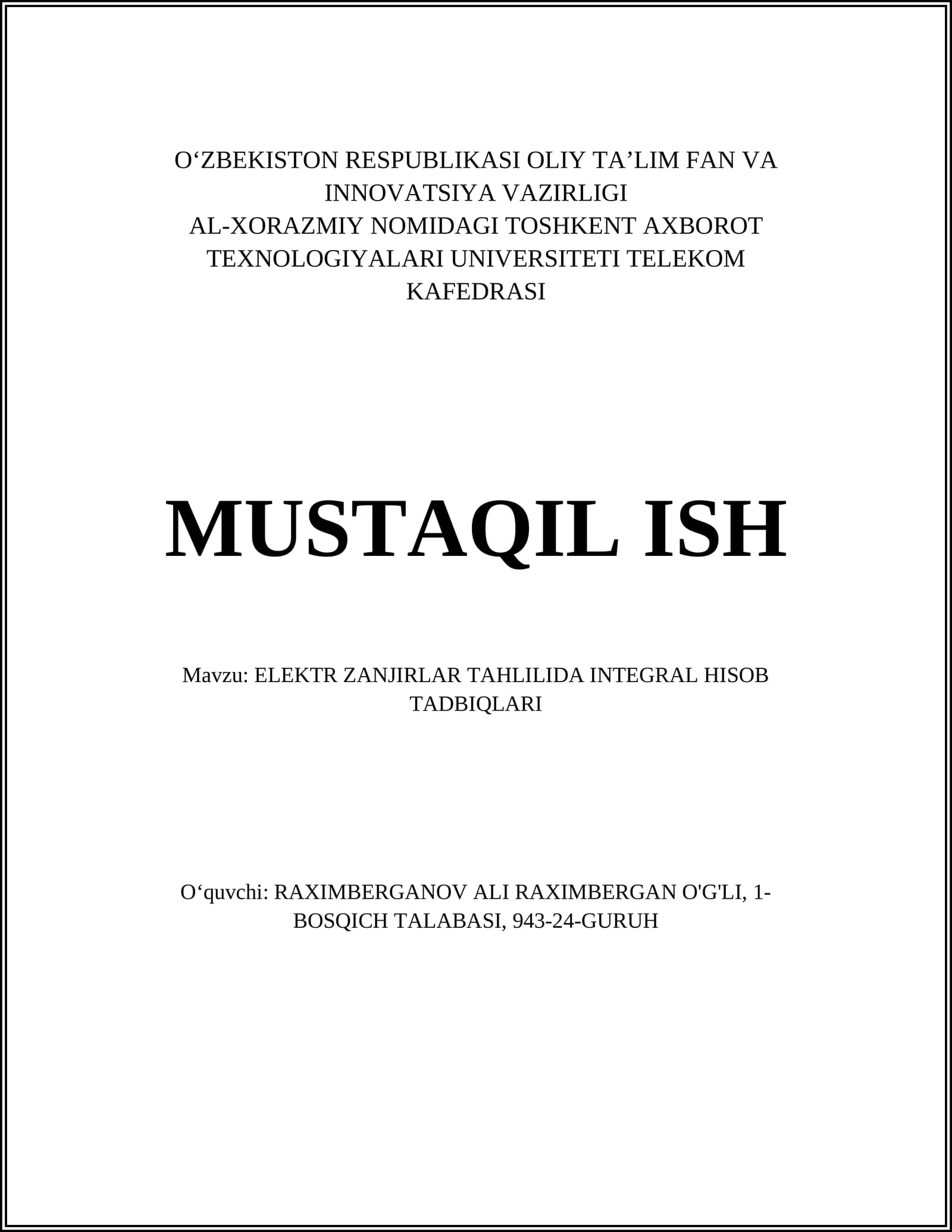 ELEKTR ZANJIRLAR TAHLILIDA INTEGRAL HISOB TADBIQLARI