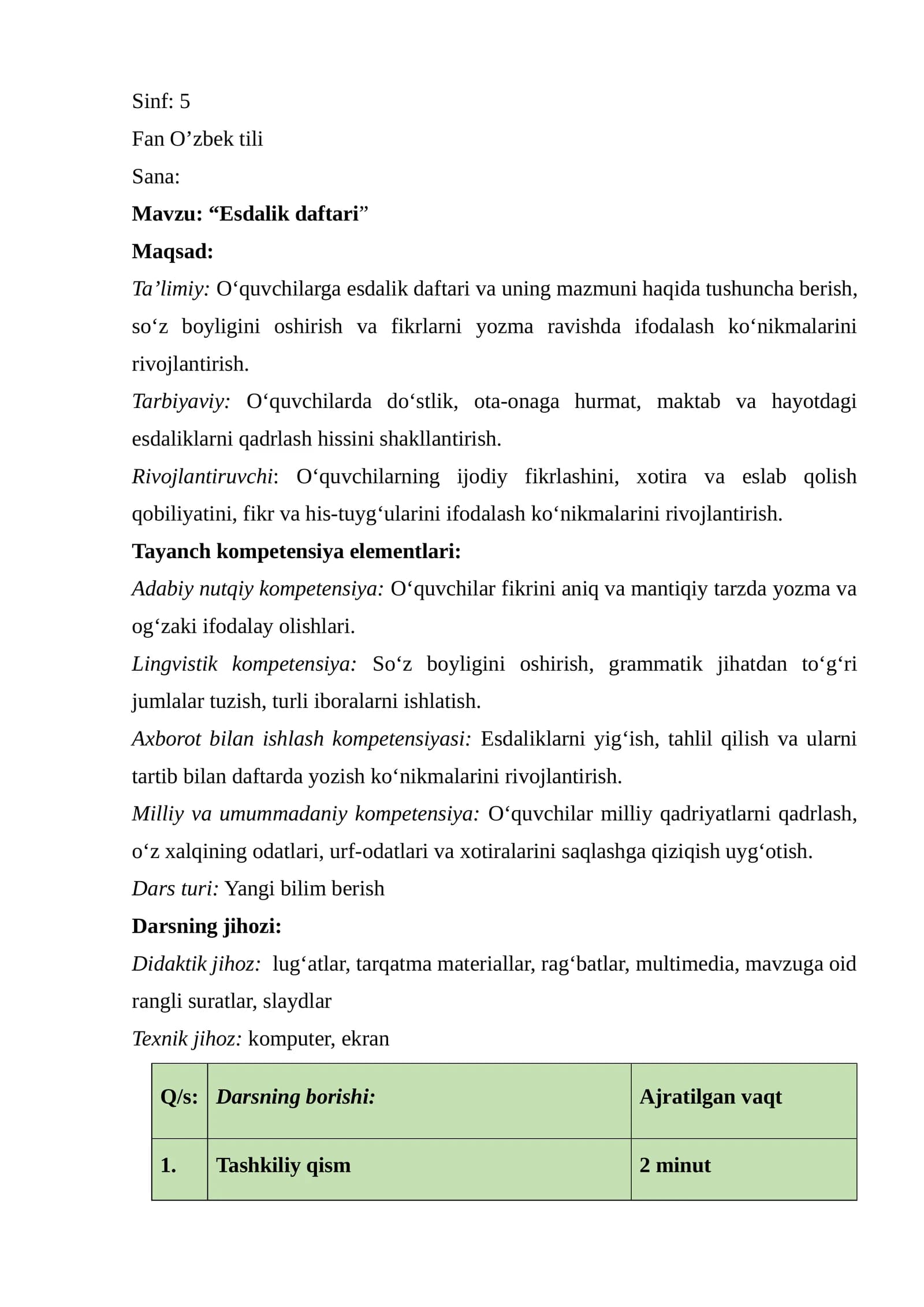 “Esdalik daftari” dars ishlanma 5-sinf