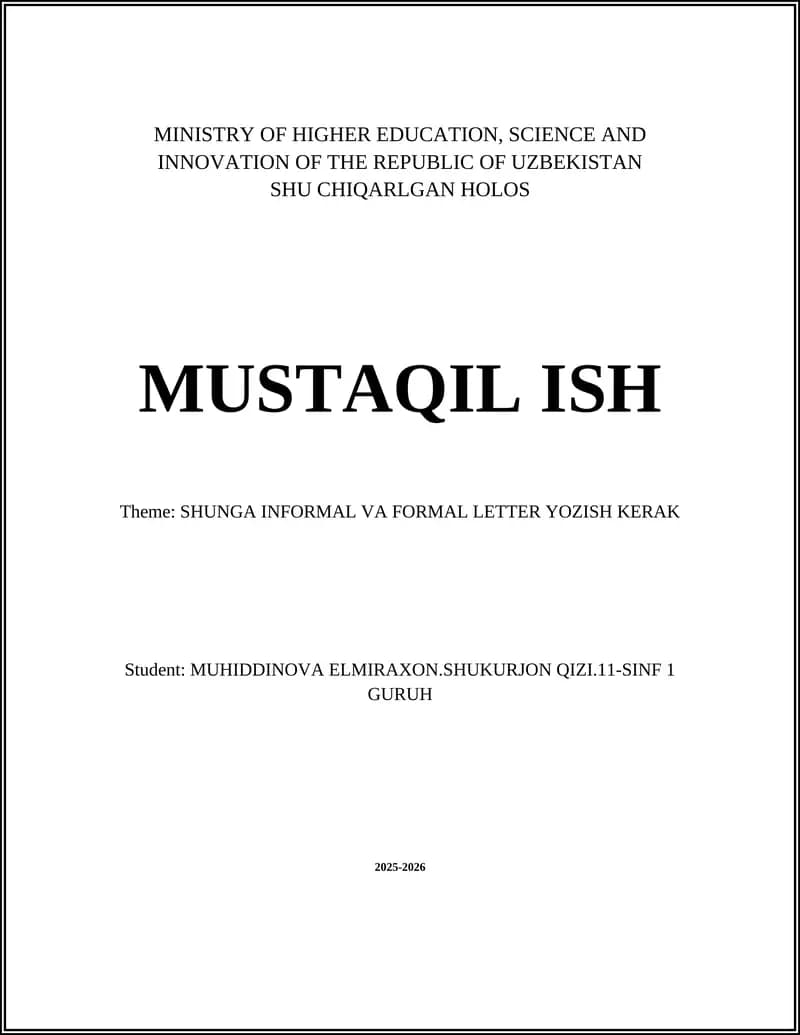 SHUNGA INFORMAL VA FORMAL LETTER YOZISH KERAK