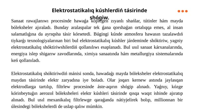 Elektrostatikalıq kúshler járdeminde shóktiriw