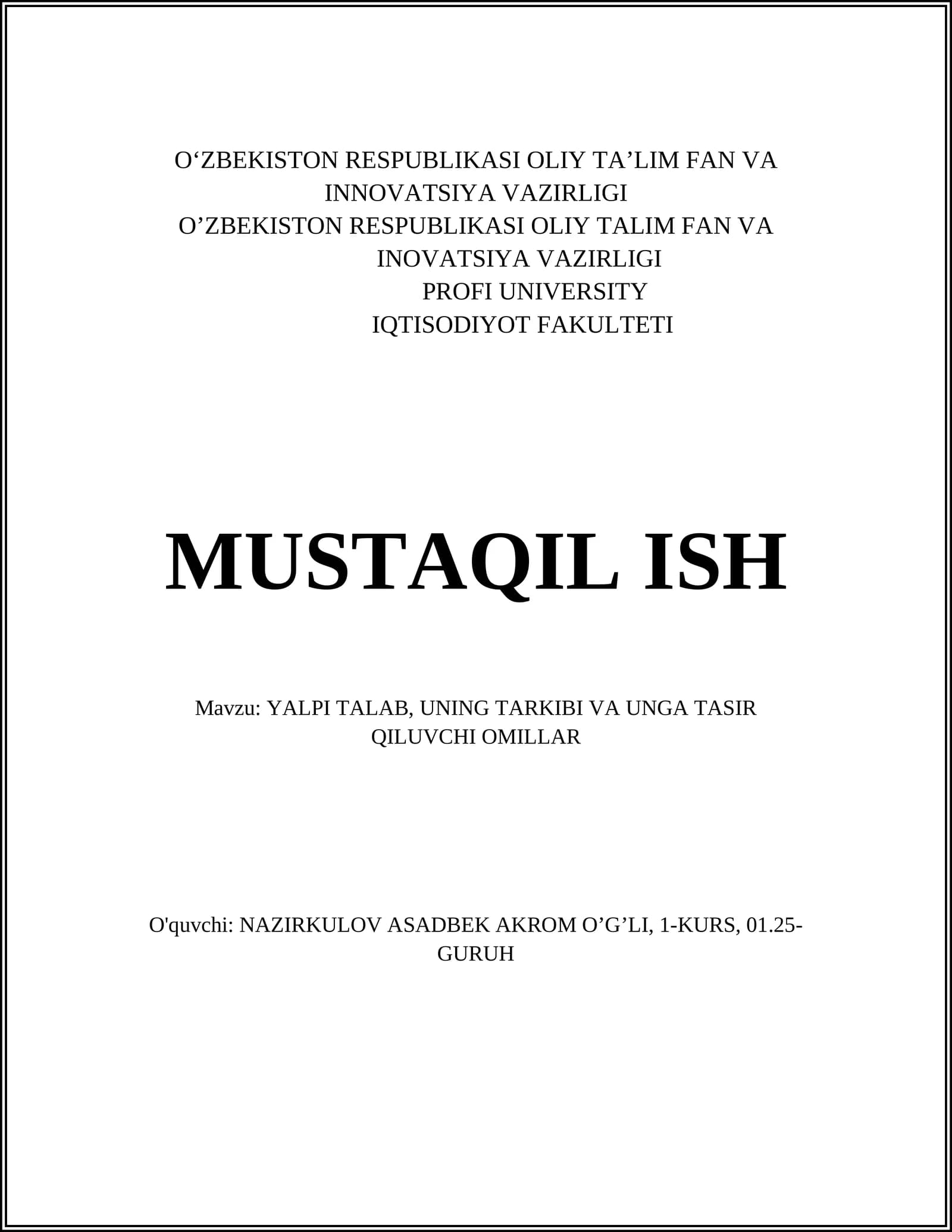 YALPI TALAB, UNING TARKIBI VA UNGA TASIR QILUVCHI OMILLAR